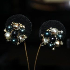 Vintage Clip Back black and white pearl earrings, stamped HONG KONG (Used Item)